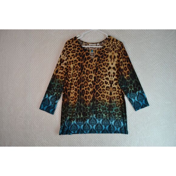 Susan Graver Women's Large Brown Animal Print Liquid Knit 3/4 Sleeve Blouse - Picture 1 of 11